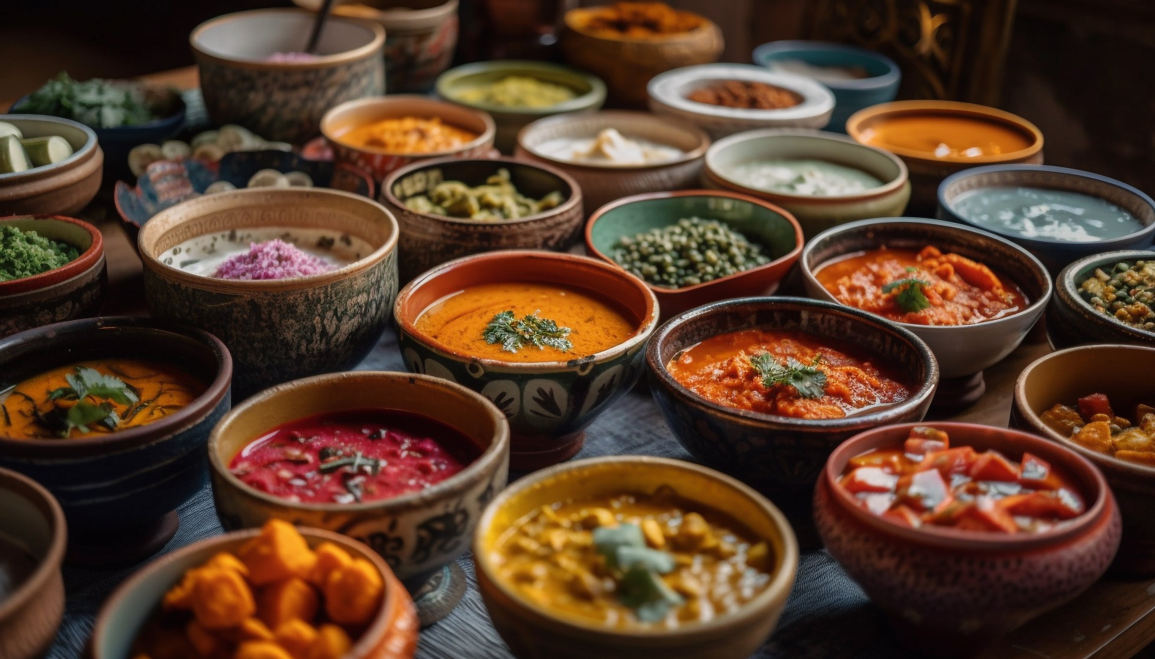 Vibrant terracotta pottery filled with homemade Indian curries, chili peppers, and rice